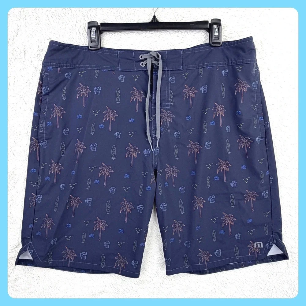 TravisMathew Board Shorts Men 36 Blue Palm Surf Beer Beach Tropical Resort 9